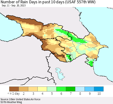 Azerbaijan, Armenia and Georgia Number of Rain Days in past 10 days (USAF 557th WW) Thematic Map For 9/16/2023 - 9/20/2023