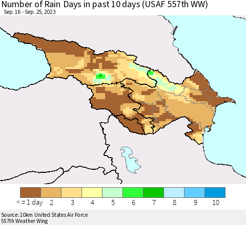 Azerbaijan, Armenia and Georgia Number of Rain Days in past 10 days (USAF 557th WW) Thematic Map For 9/21/2023 - 9/25/2023