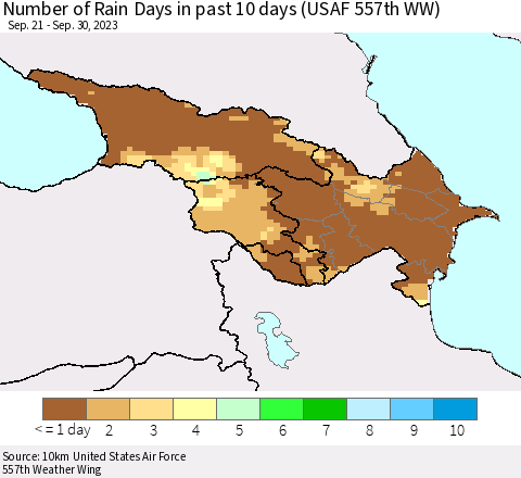 Azerbaijan, Armenia and Georgia Number of Rain Days in past 10 days (USAF 557th WW) Thematic Map For 9/26/2023 - 9/30/2023