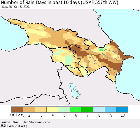Azerbaijan, Armenia and Georgia Number of Rain Days in past 10 days (USAF 557th WW) Thematic Map For 10/1/2023 - 10/5/2023