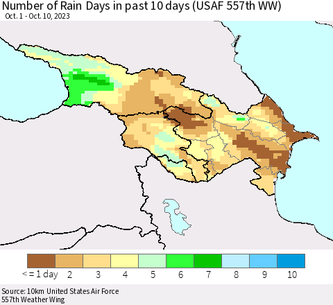 Azerbaijan, Armenia and Georgia Number of Rain Days in past 10 days (USAF 557th WW) Thematic Map For 10/6/2023 - 10/10/2023