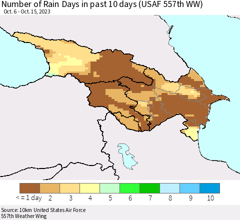 Azerbaijan, Armenia and Georgia Number of Rain Days in past 10 days (USAF 557th WW) Thematic Map For 10/11/2023 - 10/15/2023