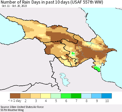 Azerbaijan, Armenia and Georgia Number of Rain Days in past 10 days (USAF 557th WW) Thematic Map For 10/16/2023 - 10/20/2023