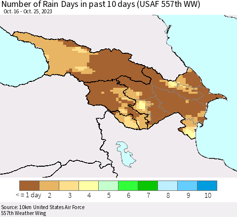 Azerbaijan, Armenia and Georgia Number of Rain Days in past 10 days (USAF 557th WW) Thematic Map For 10/21/2023 - 10/25/2023