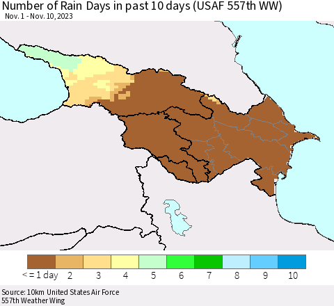 Azerbaijan, Armenia and Georgia Number of Rain Days in past 10 days (USAF 557th WW) Thematic Map For 11/6/2023 - 11/10/2023
