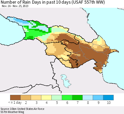 Azerbaijan, Armenia and Georgia Number of Rain Days in past 10 days (USAF 557th WW) Thematic Map For 11/21/2023 - 11/25/2023