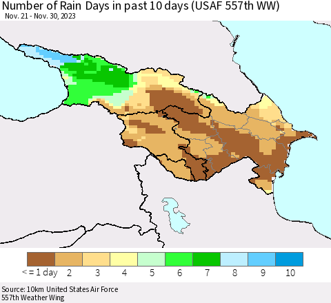 Azerbaijan, Armenia and Georgia Number of Rain Days in past 10 days (USAF 557th WW) Thematic Map For 11/26/2023 - 11/30/2023