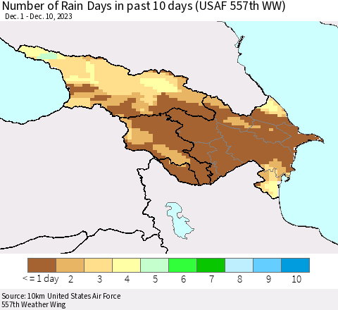 Azerbaijan, Armenia and Georgia Number of Rain Days in past 10 days (USAF 557th WW) Thematic Map For 12/6/2023 - 12/10/2023