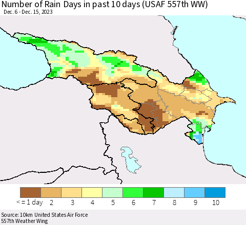 Azerbaijan, Armenia and Georgia Number of Rain Days in past 10 days (USAF 557th WW) Thematic Map For 12/11/2023 - 12/15/2023