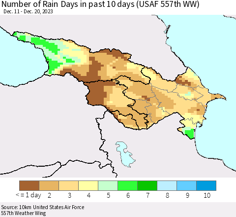 Azerbaijan, Armenia and Georgia Number of Rain Days in past 10 days (USAF 557th WW) Thematic Map For 12/16/2023 - 12/20/2023