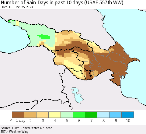 Azerbaijan, Armenia and Georgia Number of Rain Days in past 10 days (USAF 557th WW) Thematic Map For 12/21/2023 - 12/25/2023