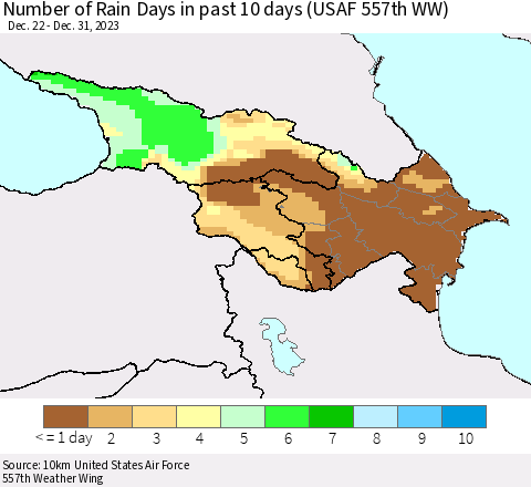 Azerbaijan, Armenia and Georgia Number of Rain Days in past 10 days (USAF 557th WW) Thematic Map For 12/26/2023 - 12/31/2023