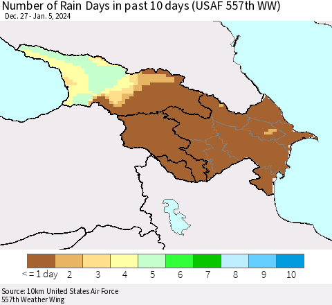 Azerbaijan, Armenia and Georgia Number of Rain Days in past 10 days (USAF 557th WW) Thematic Map For 1/1/2024 - 1/5/2024