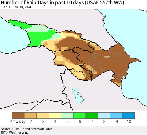 Azerbaijan, Armenia and Georgia Number of Rain Days in past 10 days (USAF 557th WW) Thematic Map For 1/6/2024 - 1/10/2024