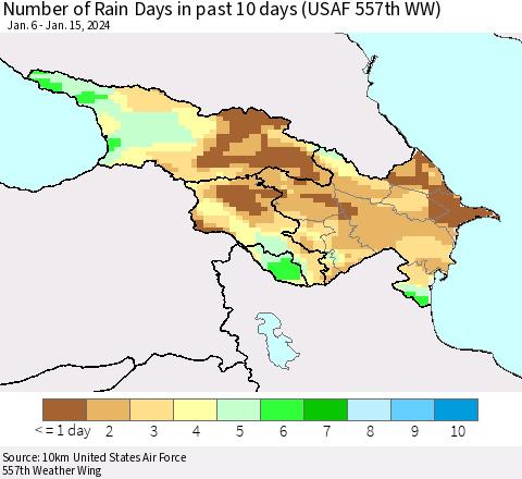 Azerbaijan, Armenia and Georgia Number of Rain Days in past 10 days (USAF 557th WW) Thematic Map For 1/11/2024 - 1/15/2024