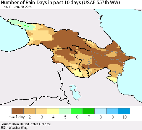 Azerbaijan, Armenia and Georgia Number of Rain Days in past 10 days (USAF 557th WW) Thematic Map For 1/16/2024 - 1/20/2024