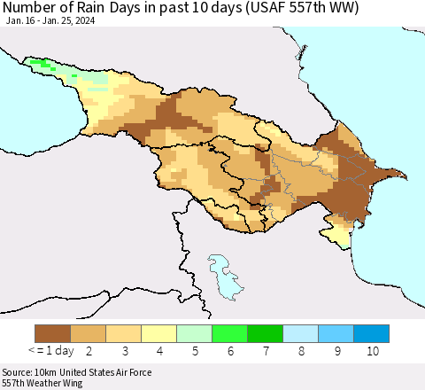Azerbaijan, Armenia and Georgia Number of Rain Days in past 10 days (USAF 557th WW) Thematic Map For 1/21/2024 - 1/25/2024