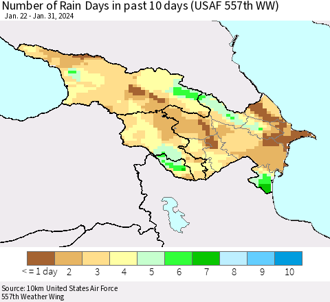 Azerbaijan, Armenia and Georgia Number of Rain Days in past 10 days (USAF 557th WW) Thematic Map For 1/26/2024 - 1/31/2024