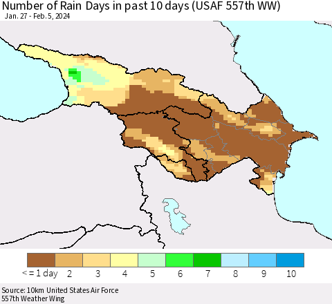 Azerbaijan, Armenia and Georgia Number of Rain Days in past 10 days (USAF 557th WW) Thematic Map For 2/1/2024 - 2/5/2024