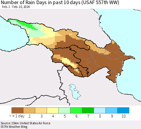 Azerbaijan, Armenia and Georgia Number of Rain Days in past 10 days (USAF 557th WW) Thematic Map For 2/6/2024 - 2/10/2024