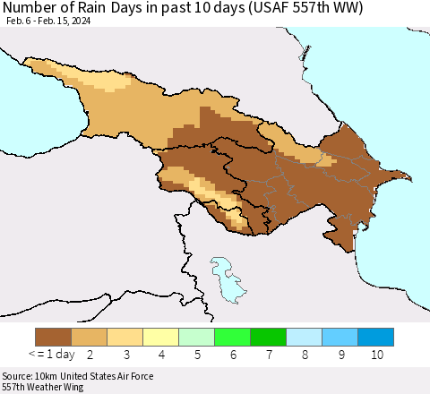 Azerbaijan, Armenia and Georgia Number of Rain Days in past 10 days (USAF 557th WW) Thematic Map For 2/11/2024 - 2/15/2024