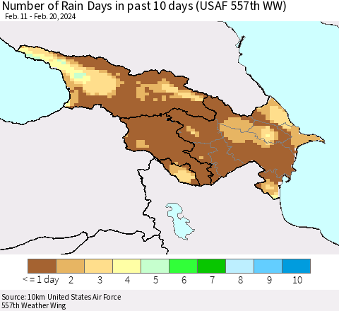 Azerbaijan, Armenia and Georgia Number of Rain Days in past 10 days (USAF 557th WW) Thematic Map For 2/16/2024 - 2/20/2024