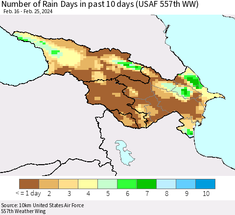 Azerbaijan, Armenia and Georgia Number of Rain Days in past 10 days (USAF 557th WW) Thematic Map For 2/21/2024 - 2/25/2024