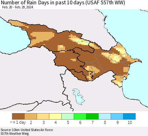 Azerbaijan, Armenia and Georgia Number of Rain Days in past 10 days (USAF 557th WW) Thematic Map For 2/26/2024 - 2/29/2024