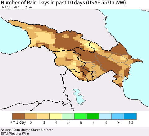 Azerbaijan, Armenia and Georgia Number of Rain Days in past 10 days (USAF 557th WW) Thematic Map For 3/6/2024 - 3/10/2024