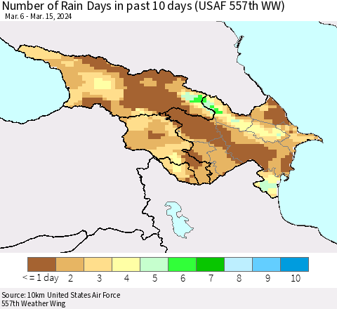 Azerbaijan, Armenia and Georgia Number of Rain Days in past 10 days (USAF 557th WW) Thematic Map For 3/11/2024 - 3/15/2024