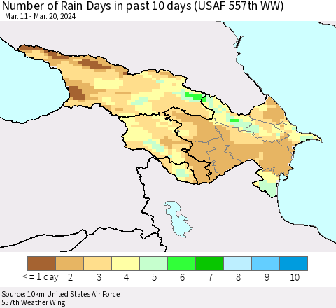 Azerbaijan, Armenia and Georgia Number of Rain Days in past 10 days (USAF 557th WW) Thematic Map For 3/16/2024 - 3/20/2024
