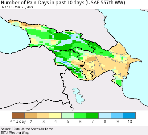 Azerbaijan, Armenia and Georgia Number of Rain Days in past 10 days (USAF 557th WW) Thematic Map For 3/21/2024 - 3/25/2024