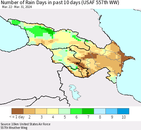 Azerbaijan, Armenia and Georgia Number of Rain Days in past 10 days (USAF 557th WW) Thematic Map For 3/26/2024 - 3/31/2024