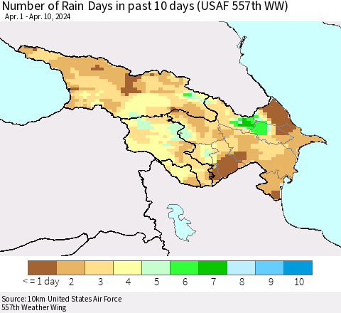 Azerbaijan, Armenia and Georgia Number of Rain Days in past 10 days (USAF 557th WW) Thematic Map For 4/6/2024 - 4/10/2024