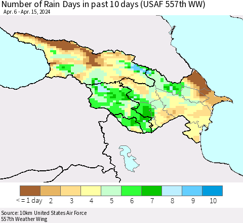 Azerbaijan, Armenia and Georgia Number of Rain Days in past 10 days (USAF 557th WW) Thematic Map For 4/11/2024 - 4/15/2024