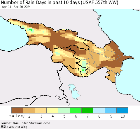 Azerbaijan, Armenia and Georgia Number of Rain Days in past 10 days (USAF 557th WW) Thematic Map For 4/16/2024 - 4/20/2024