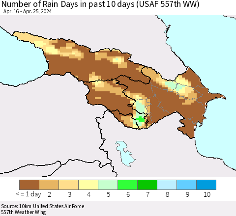 Azerbaijan, Armenia and Georgia Number of Rain Days in past 10 days (USAF 557th WW) Thematic Map For 4/21/2024 - 4/25/2024
