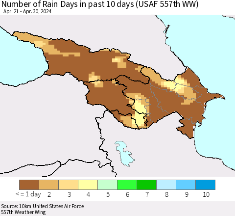 Azerbaijan, Armenia and Georgia Number of Rain Days in past 10 days (USAF 557th WW) Thematic Map For 4/26/2024 - 4/30/2024