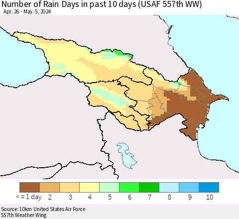 Azerbaijan, Armenia and Georgia Number of Rain Days in past 10 days (USAF 557th WW) Thematic Map For 5/1/2024 - 5/5/2024