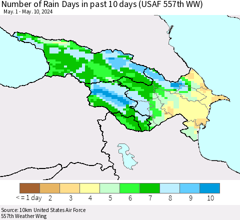 Azerbaijan, Armenia and Georgia Number of Rain Days in past 10 days (USAF 557th WW) Thematic Map For 5/6/2024 - 5/10/2024