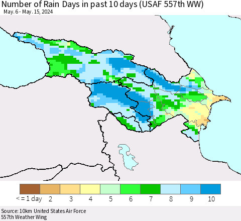 Azerbaijan, Armenia and Georgia Number of Rain Days in past 10 days (USAF 557th WW) Thematic Map For 5/11/2024 - 5/15/2024