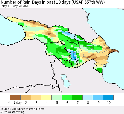 Azerbaijan, Armenia and Georgia Number of Rain Days in past 10 days (USAF 557th WW) Thematic Map For 5/16/2024 - 5/20/2024