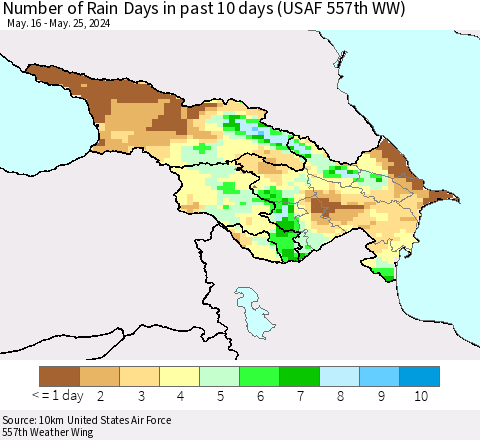 Azerbaijan, Armenia and Georgia Number of Rain Days in past 10 days (USAF 557th WW) Thematic Map For 5/21/2024 - 5/25/2024