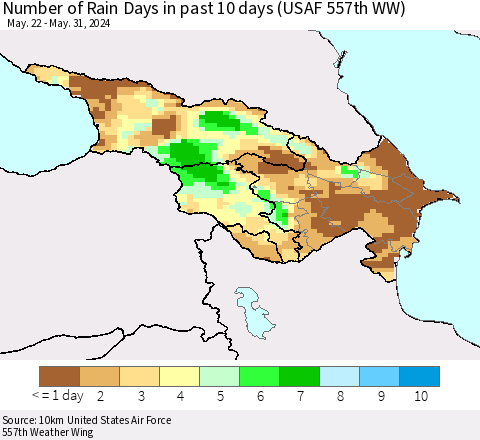 Azerbaijan, Armenia and Georgia Number of Rain Days in past 10 days (USAF 557th WW) Thematic Map For 5/26/2024 - 5/31/2024