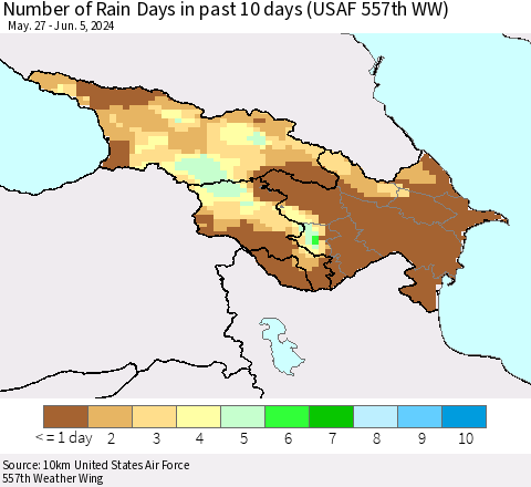 Azerbaijan, Armenia and Georgia Number of Rain Days in past 10 days (USAF 557th WW) Thematic Map For 6/1/2024 - 6/5/2024