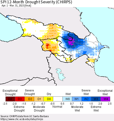Azerbaijan, Armenia and Georgia SPI 12-Month Drought Severity (CHIRPS) Thematic Map For 4/1/2022 - 3/31/2023