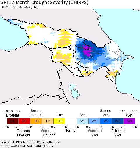 Azerbaijan, Armenia and Georgia SPI 12-Month Drought Severity (CHIRPS) Thematic Map For 5/1/2022 - 4/30/2023