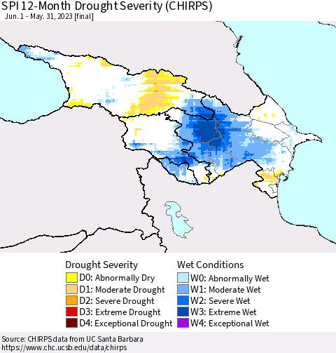 Azerbaijan, Armenia and Georgia SPI 12-Month Drought Severity (CHIRPS) Thematic Map For 6/1/2022 - 5/31/2023