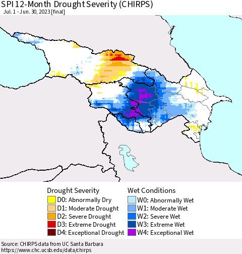 Azerbaijan, Armenia and Georgia SPI 12-Month Drought Severity (CHIRPS) Thematic Map For 7/1/2022 - 6/30/2023