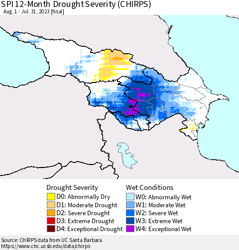 Azerbaijan, Armenia and Georgia SPI 12-Month Drought Severity (CHIRPS) Thematic Map For 8/1/2022 - 7/31/2023